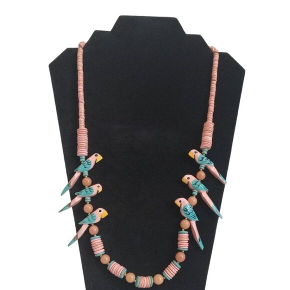 Pink & Blue Painted Wooden Parrot Shaped Beads Single Strand Statement Necklace - Picture 1 of 12